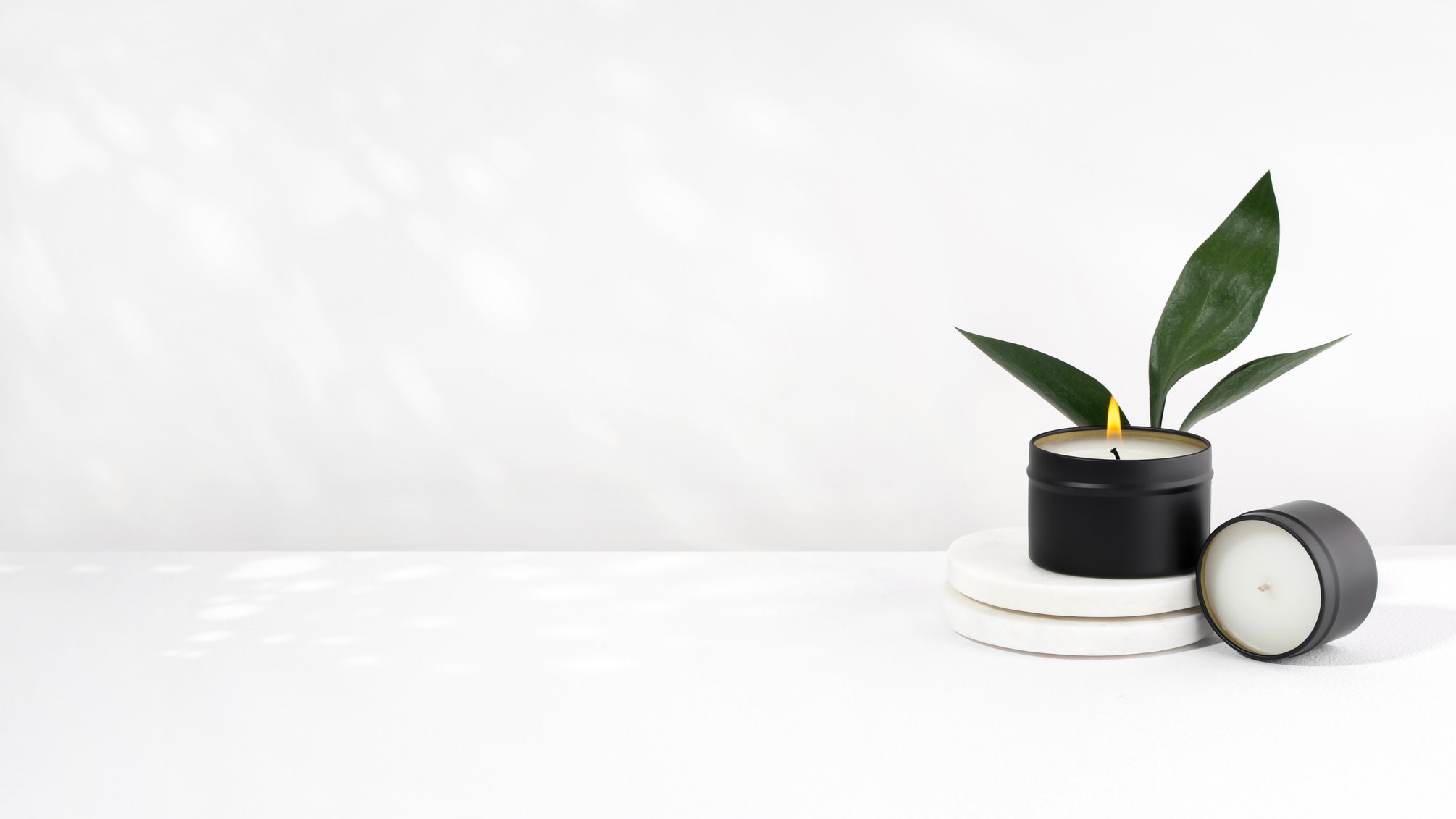 Soy Wax Candle in a Black Jar on a White Background. Natural Eco Friendly Organic Wax Candles. Trendy Concept. Minimalist. Isometric Projection. Copy Space. Banner.